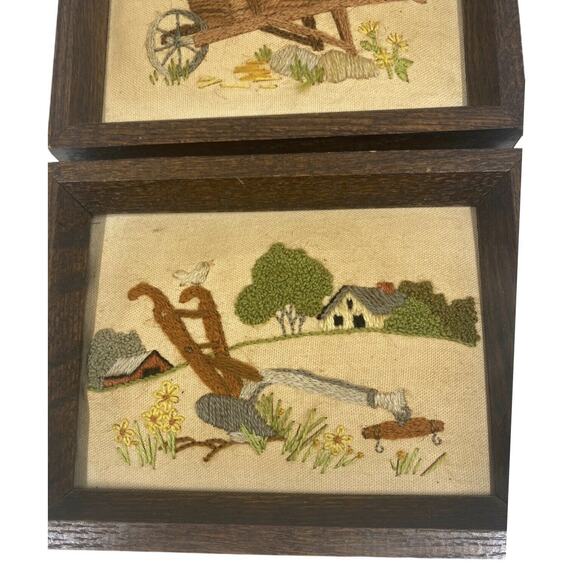 2 Cross Stitch Amish Country Plow Wheelbarrow Framed Hand Stitched Embroidered - Picture 12 of 12
